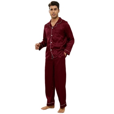 Vulcanodon Mens Silk Pajamas Set, Long Sleeve Satin Striped Button Down 2-Piece Sleepwear,(Burgundy Stripe,M)