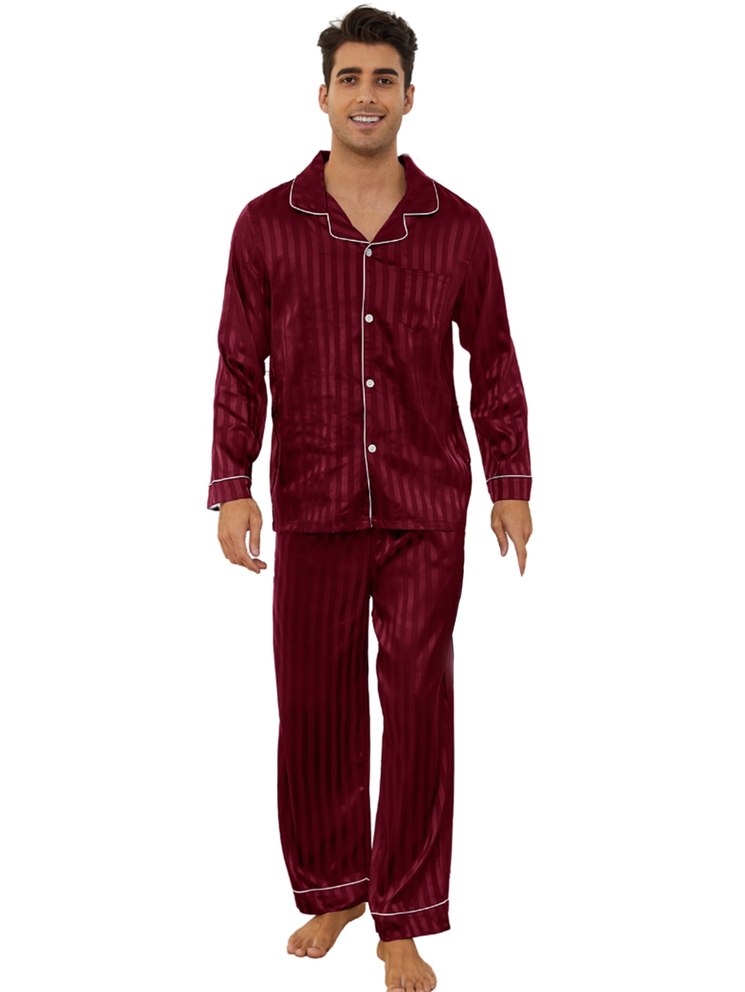 Vulcanodon Mens Silk Pajamas, Long Sleeve Men Satin Pajamas Set Striped ...