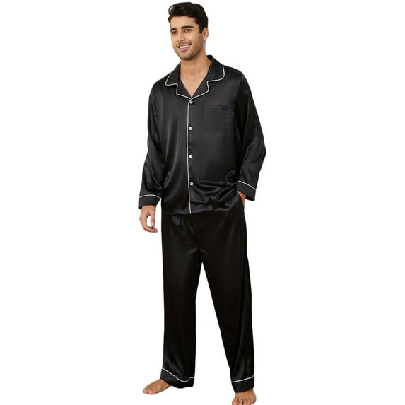 Vulcanodon Mens Silk Pajamas Set, Long Sleeve Satin Pajamas for Men Sleepwear Button Down Pjs Set Two-piece(Black, Large)