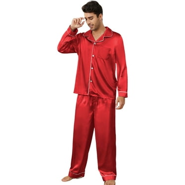 Vulcanodon Mens Silk Pajamas Set, Long Sleeve Satin Pajamas for Men Sleepwear Button Down Pjs Set Two-piece?Red, X-Large?