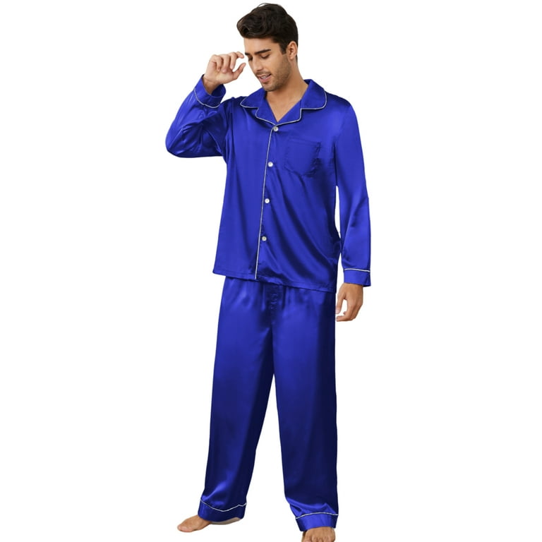 Vulcanodon Mens Silk Pajamas Set Long Sleeve Satin Pajamas for Men Sleepwear Button Down Pjs Set Two piece Royal Blue Large