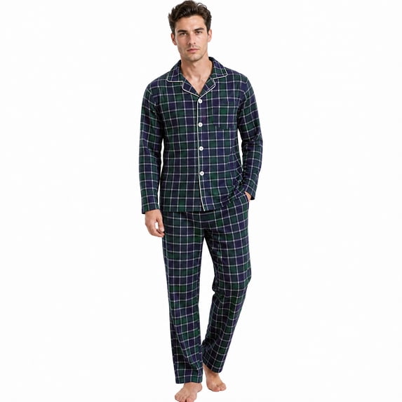 Vulcanodon Mens Soft Print Pajama Set, Plaid Pajamas for Men, Lightweight Warm PJS with Pockets(Green Black Plaid-Beige,Small)