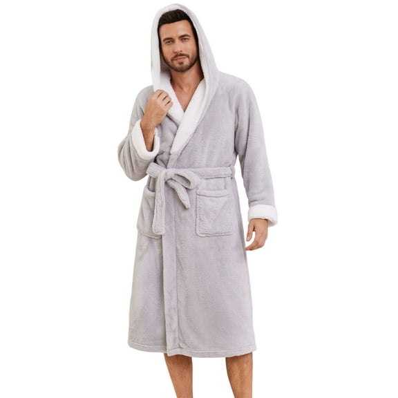 Vulcanodon Mens Ultra Soft Plush Bathrobe with Hood, Warm Fleece Robe with Pockets Spa Robes for Men Cozy Fluffy Fuzzy(Light Grey, L/XL)
