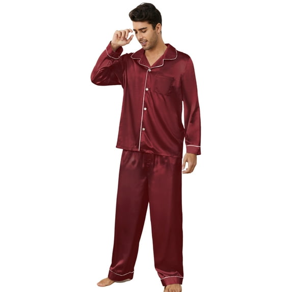 VulcanodonMens Silk Pajamas Set, Long Sleeve Satin Pajamas for Men Sleepwear Button Down Pjs Set Two-piece?Burgundy, Medium?
