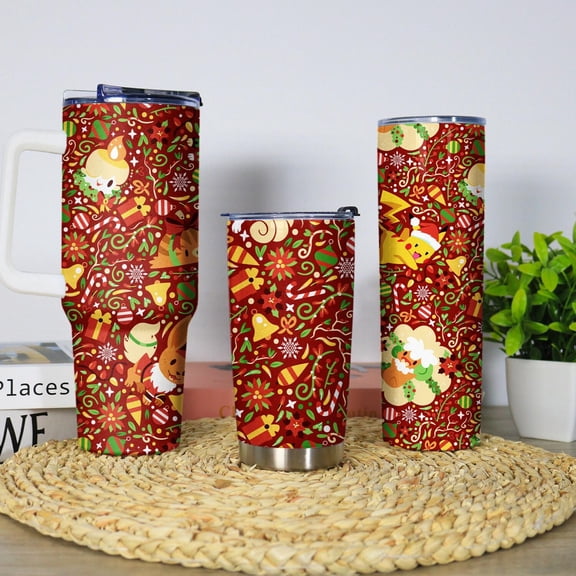 Vulpix And Pikachu Tumbler, Cute Christmas Stainless Steel Mug, Red Holiday Coffee Cup With Straw, Insulated Travel Mug, Birthday Gift