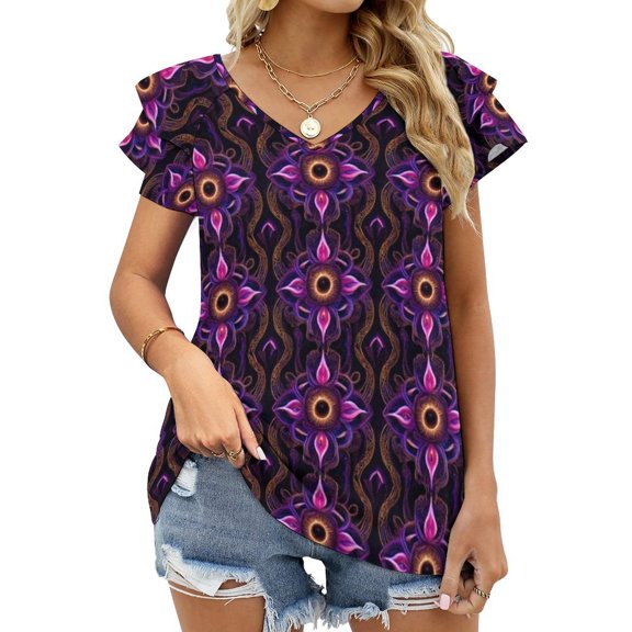 Vuluna Ruffle Short Sleeve T-Shirt Women'S V Neck Sexy Printed T Shirt Tops Visionary Art Rave Festival Fashion Long Sleeve