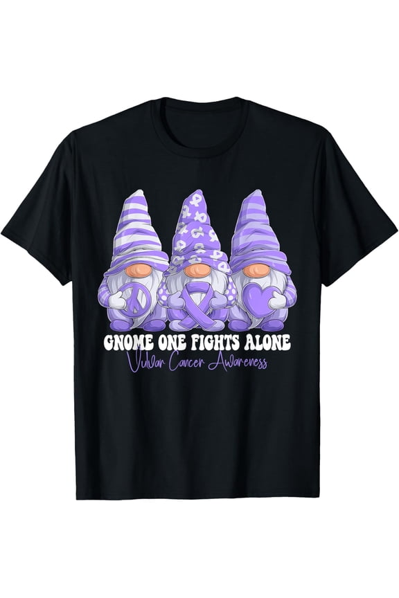 Vulvar Cancer Awareness Month Lavender Ribbon Gnomies T-ShirtMen's and women's gift, black and white T-shirt, size: Extra large S-4XL