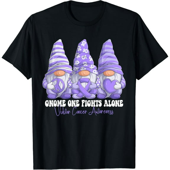 Vulvar Cancer Awareness Month Lavender Ribbon Gnomies T-ShirtMen's and women's gift, black and white T-shirt, size: Extra large S-4XL