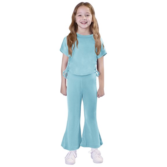 Vunhao Big Girls' Fashion Classic Fit Crew Neck Short Sleeve Top and Flared Full - Length Pants Two - piece Set,Light Blue,Size 6 T
