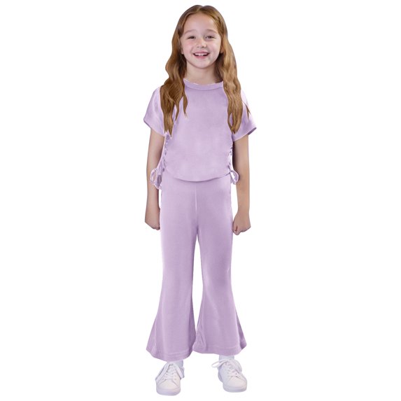 Vunhao Big Girls' Fashion Classic Fit Crew Neck Short Sleeve Top and Flared Full - Length Pants Two - piece Set,Purple,Size 12 Months