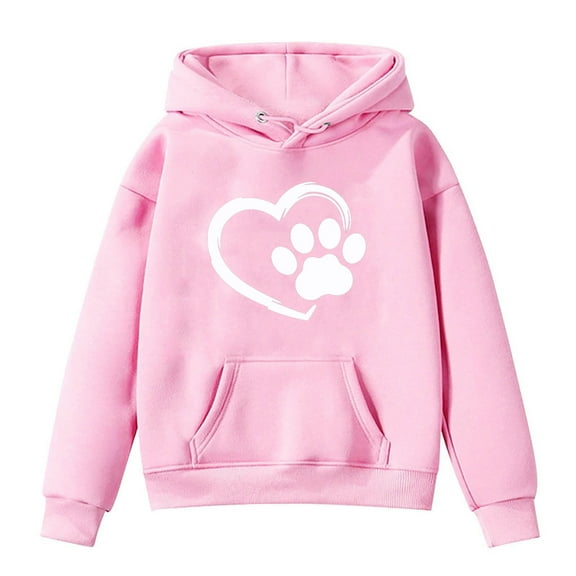 Vunhao Big Girls Hoodies, Fashion Crewneck Drawstring Heart Print Long Sleeve Casual Girls Pullover Tops with Pockets on Sale Pink Size 1-14 T