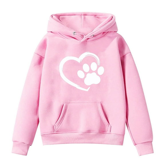 Vunhao Big Girls Hoodies, Fashion Crewneck Drawstring Heart Print Long Sleeve Casual Girls Pullover Tops with Pockets on Sale Pink Size 1-14 T