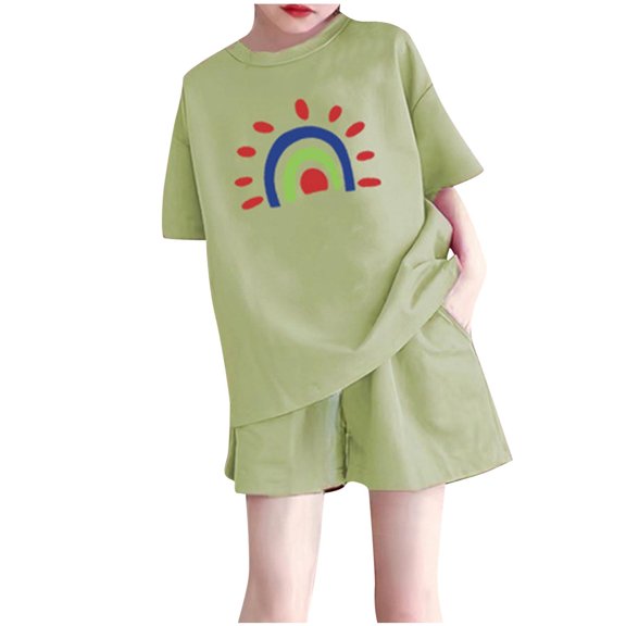 Vunhao Fashion 2 - 3 Years Toddler Boy & Girl Casual Short Sleeve Crew Neck Button Solid Color Shorts Two - Piece Set with Print,Green,Size 4 T