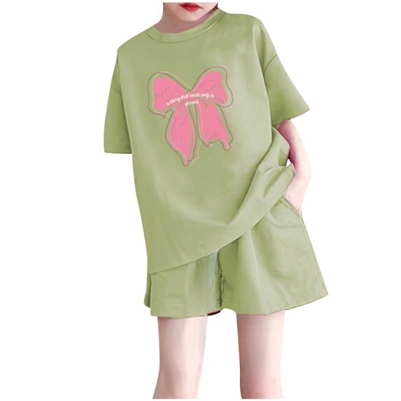 Vunhao Fashion Boy And Girls' 2 - 3 Years Toddler Casual Short Sleeve Crew Neck Button Solid Color Shorts Sets with Bow Print,Green,Size 7 T