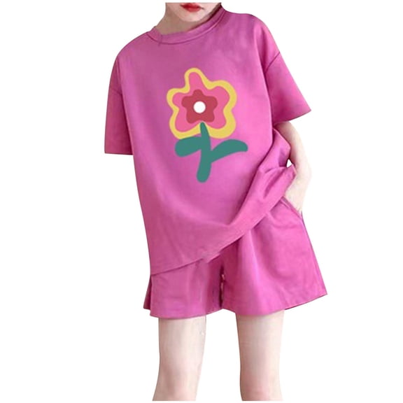 Vunhao Fashion Boy And Girls' 2 - 3 Years Toddler Casual Short Sleeve Crew Neck Button Solid Color Shorts Sets with Flower Print,Hot Pink,Size 7 T