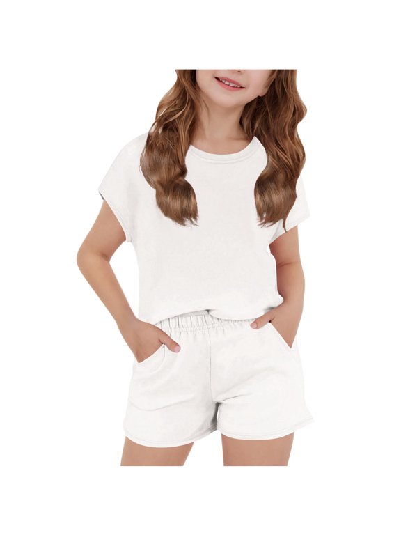 Fashion Boy And Girls' Casual Short Sleeve Round Neck Solid Color Short Pants Sets for Big Girls, 95% Polyester 5% Spandex, 5 - 6 Years,White,Size 5 T