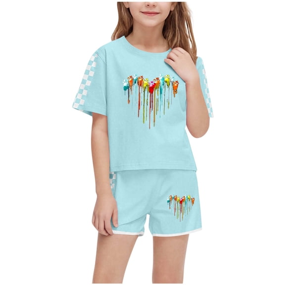 Vunhao Fashion Child Boys and Girls' Casual Short Sleeve Crew Neck Printed T - Shirt and Short Pants Set with Checkered and Printed Patterns,Green,Size 9 T