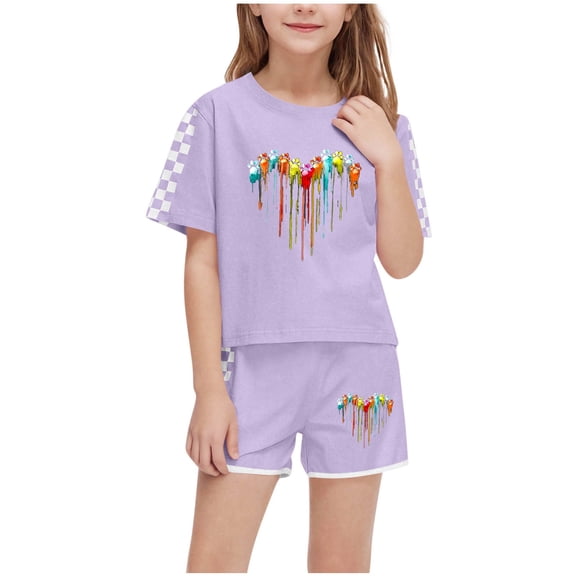 Vunhao Fashion Child Boys and Girls' Casual Short Sleeve Crew Neck Printed T - Shirt and Short Pants Set with Checkered and Printed Patterns,Purple,Size 5 T