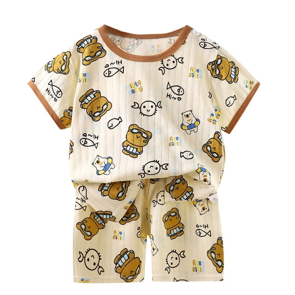 Vunhao Fashion Girls' 6 - 12 Months Casual Cotton Short Sleeve Crew Neck Button - Up Cartoon - Printed Shorts Set,Yellow,Size 1 T