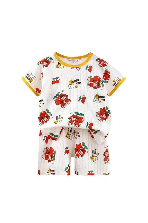 Fashion Girls' 6 - 12 Months Casual Cotton Short Sleeve Top and Cartoon Printed Shorts Set,Red,Size 4 T