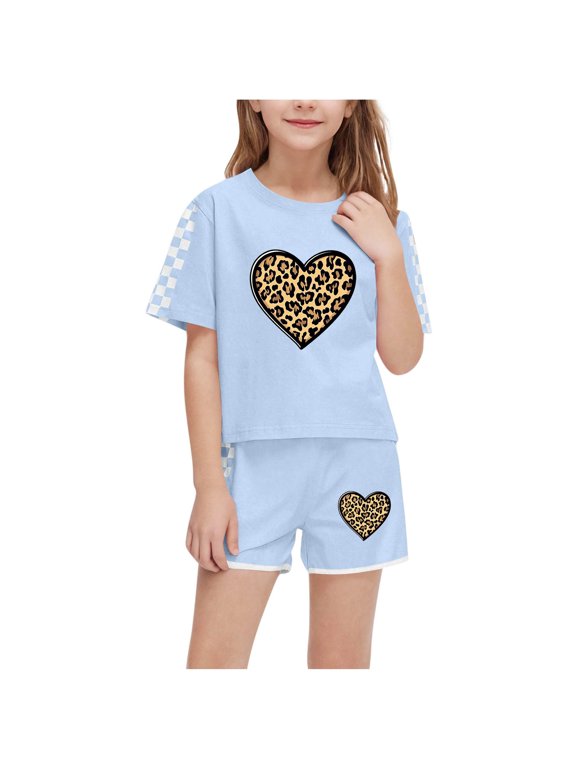Fashionable 5 - 6 Years Old Kids' Casual Short Sleeve Crew Neck Printed T - Shirt and Short Pants Two - Piece Set with Checkered and Animal Print Patterns,Sky Blue,Size 5 T