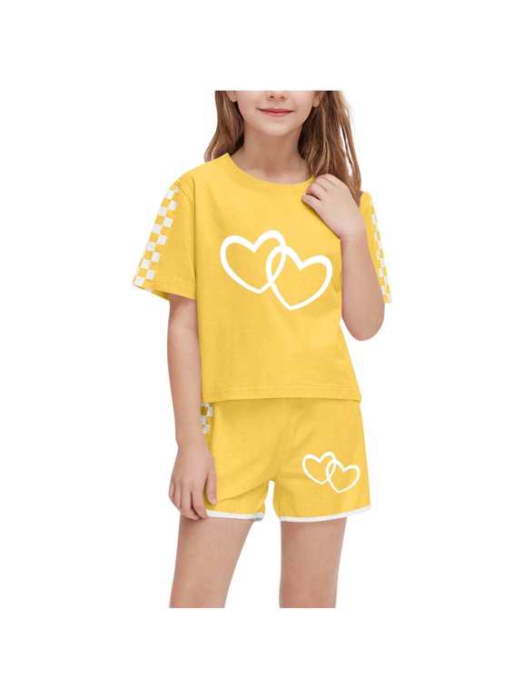 Fashionable 5 - 6 Years Old Kids' Casual Short Sleeve Crew Neck Printed T - Shirt and Straight Short Pants Two - Piece Set with Checkered Patterns,Yellow,Size 5 T