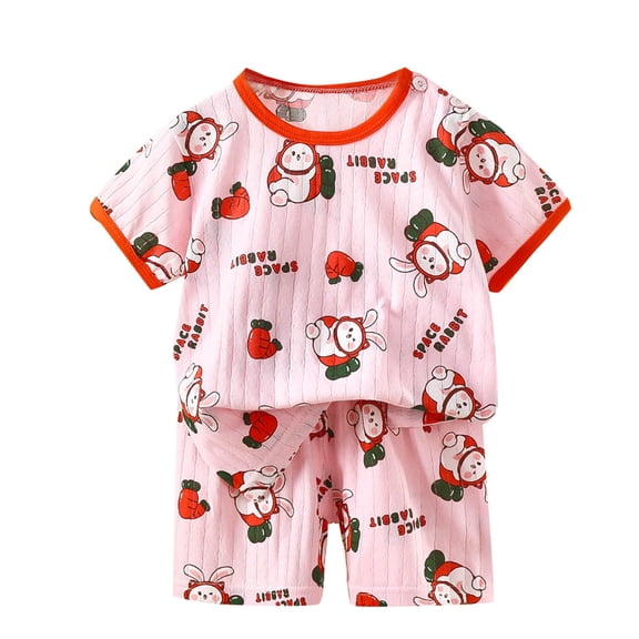 Vunhao Fashionable 6 - 12 Months Infant Girls' Casual Cotton Short Sleeve Top and Cartoon - Printed Shorts Set,Pink,Size 6 Months