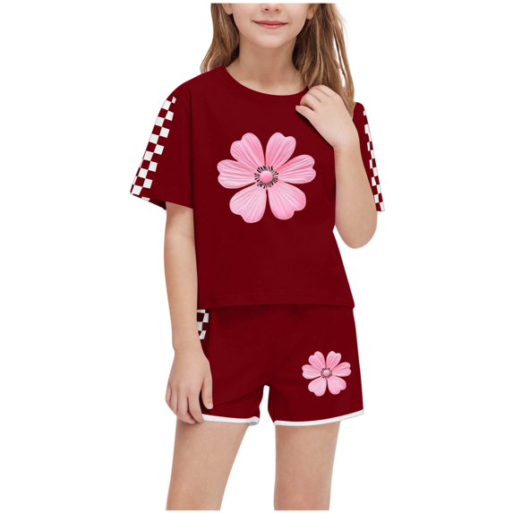 Vunhao Fashionable Girls' Casual Floral Printed Short Sleeve Top and Shorts Set for 5 - 6 Years Old,Wine,Size 7 T