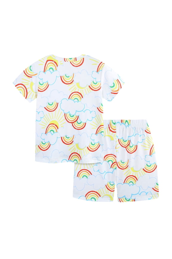 Fashionable Little Kids' Casual Printed Short Sleeve Top and Shorts Set with Clouds, Rainbow and Sun for 3 - 4 Years Old,White,Size 7 T