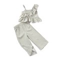 thumbnail image 1 of Vunhao Fashionable Toddler Girls' One-Shoulder Ruffled Short Sleeve Striped Two-piece Set with Straight Pants, Comfortable for Daily Wear,Green,Size 1 T, 1 of 3