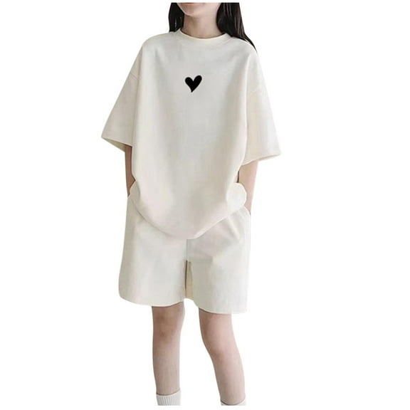 Vunhao Girls Heart Print Two Piece Outfit Sets Size 7-8 Summer Casual Short Sleeve Top and Shorts Loose Fit Big Girls Birthday Outfit,Beige,Size 7 T