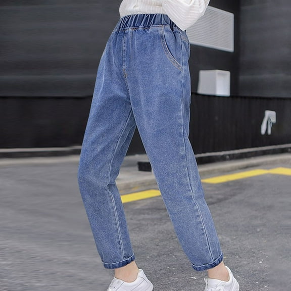 Vunhao Girls Jeans Elastic Waist, Wide Leg Casual Fashion Pockets Girls Denim Pants on Clearance Blue Size 8 T