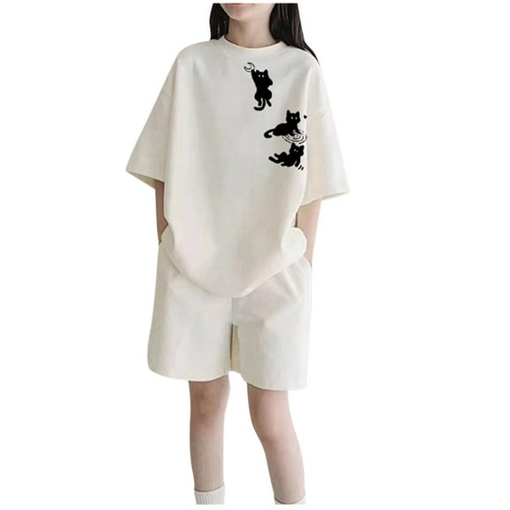 Vunhao Girls Outfit Sets Size 7-8 Casual Animal Print Two-Piece Sets Short Sleeve Top and Shorts Loose Fit Child Clothes,Beige,Size 12 T