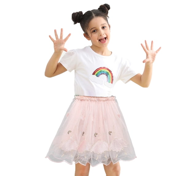 Vunhao Little Girl Skirts, Pleated Tulle Print Casual Performance Girls Clearance Skirt Pink Size 8-9 T