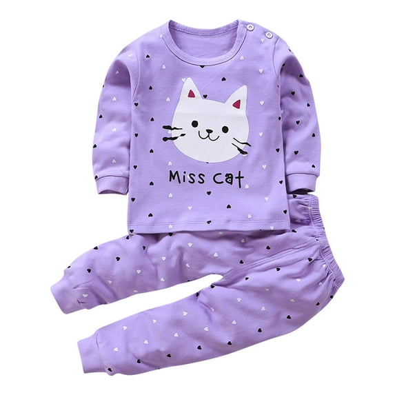 Vunhao Little Girls Pajama Sets, Long Sleeve Crewneck Thermals and Cute Print Sleepants Cotton Boys and Girls 2Pc on Sale Purple Size 2 T