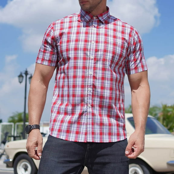 Vunhao Mens Button Up Shirts, Casual Cotton Short Sleeve Plaid with Pockets Summer Tees on Sale Red 2XL