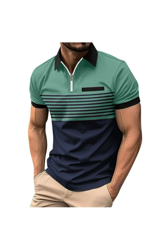 Mens Collared Polo Shirts, Short Sleeve Striped Zipper Mens Basic Shirt on Sale Green