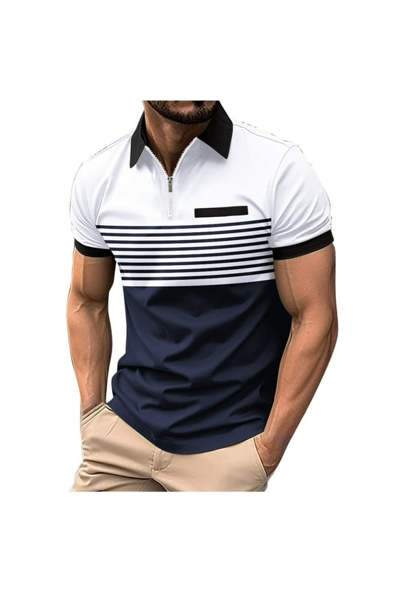 Mens Collared Polo Shirts, Striped Zipper Short Sleeve Mens Basic Shirt on Sale White
