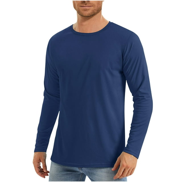 Vunhao Mens Long Sleeve Lightweight Shirts, Lightweight Solid Crewneck Uv Protection Mens Fall Shirts on Clearance Sale Navy