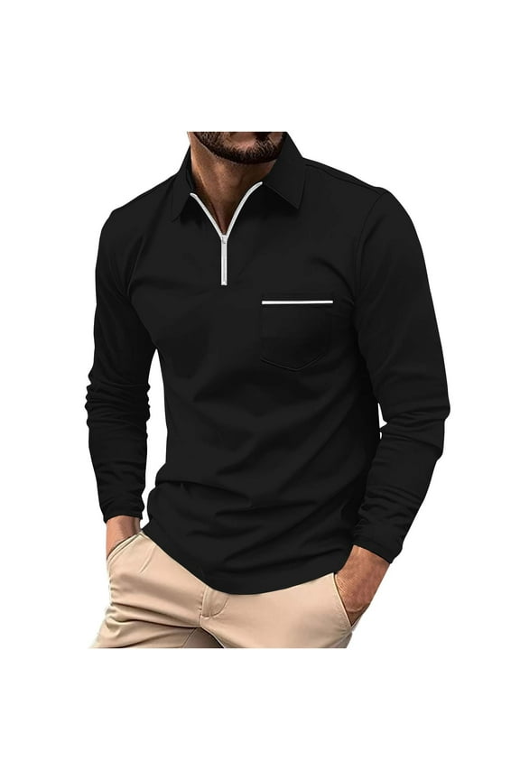 Mens Long Sleeve Polo Shirt, Collared Solid Zipper Mens Fall Shirts on Clearance Sale Black