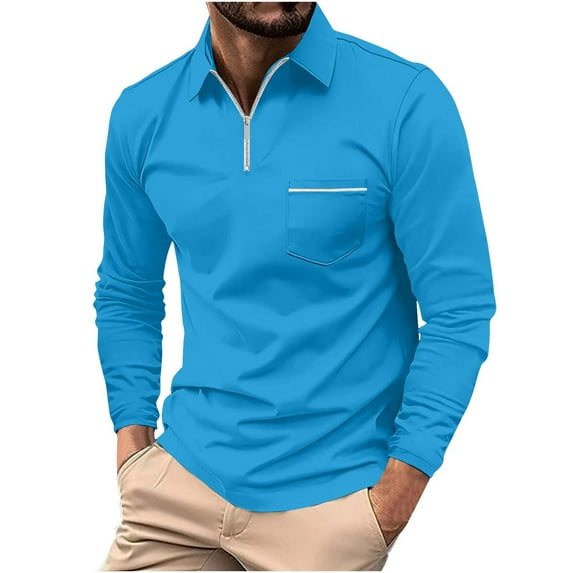 Vunhao Mens Long Sleeve Polo Shirt, Collared Solid Zipper Mens Fall Shirts on Clearance Sale Blue