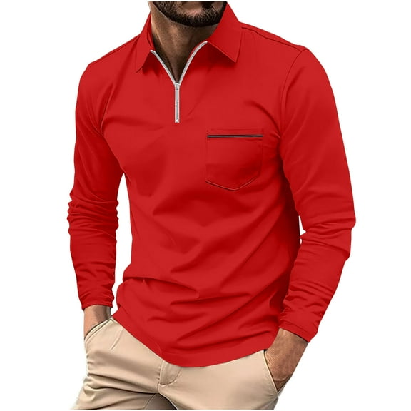 Vunhao Mens Long Sleeve Polo Shirt, Zipper Collared Solid Mens Fall Shirts on Clearance Sale Wine