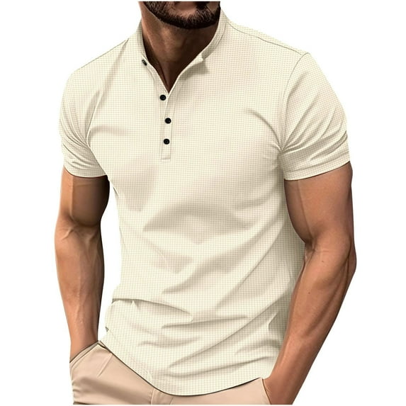 Vunhao Mens Polo Shirts Clearance, Solid Waffle Button Collared Short Sleeve Mens Basic Shirt on Sale Khaki