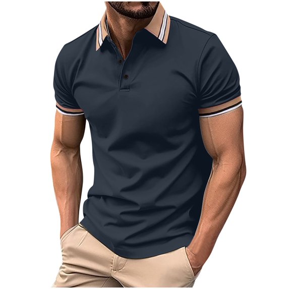 Vunhao Mens Polo Shirts With Collar, Short Sleeve Button Casual Solid Mens Basic Shirt on Sale Navy