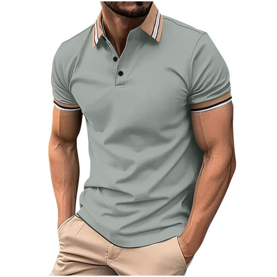 Vunhao Mens Polo Shirts With Collar, Short Sleeve Solid Casual Button Mens Basic Shirt on Sale Gray