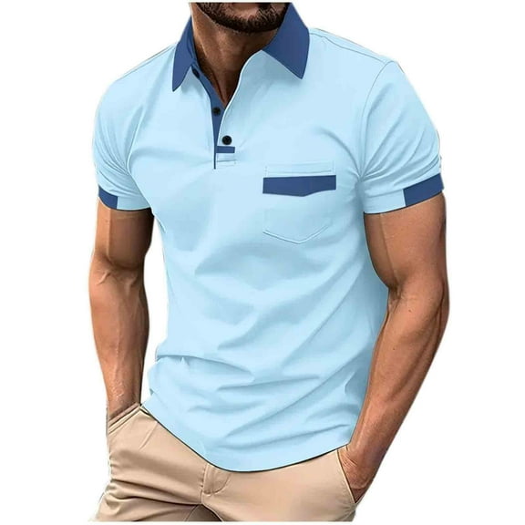 Vunhao Mens Pullover Shirts, Short Sleeve Collared Button with Pockets Mens Basic Shirt on Sale Light Blue