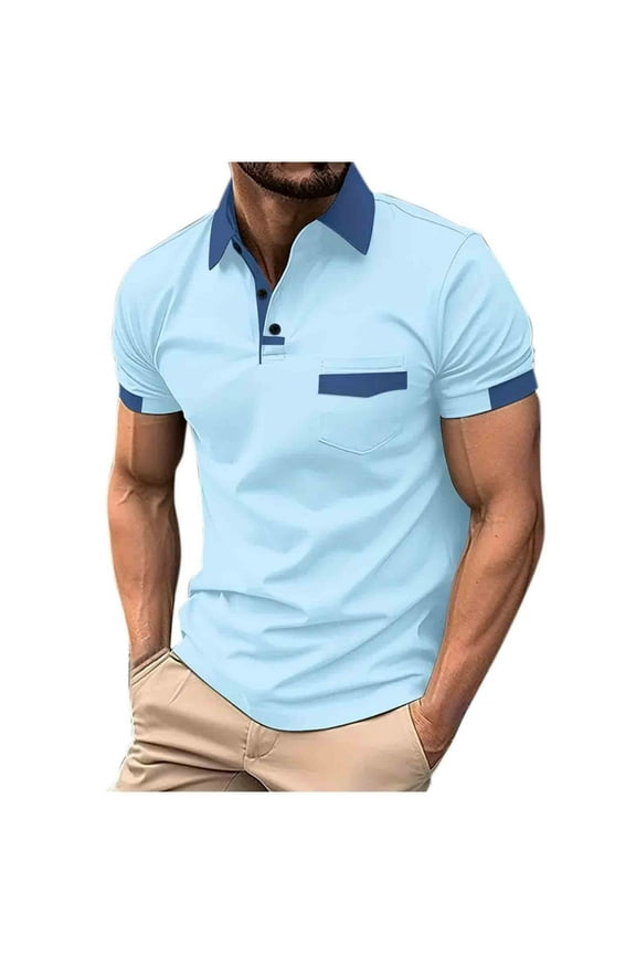 Mens Pullover Shirts, Short Sleeve Collared Button with Pockets Mens Basic Shirt on Sale Light Blue