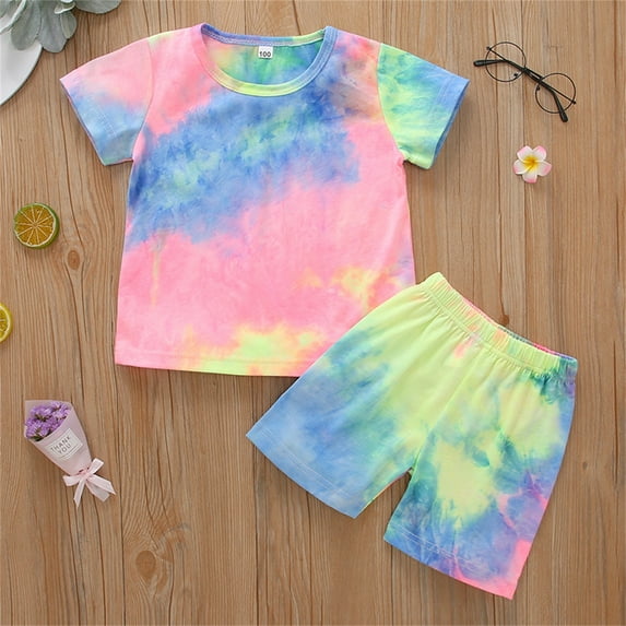 DAETIROS Shirt Short Girl 2 Piece,Summer Tie Dye Top and Graphic Pant for Girls Multi-color 7-8T