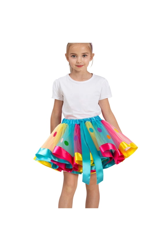 Skirt Tutu Dance Girl, Cute Party Birthday Gift Rainbow Print Pleated Tulle Cozy Lace Girls Skirt Multicolor Size 6-8 T