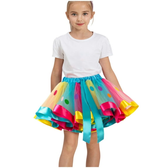 DAETIROS Skirt Tutu Dance Girl, Party Birthday Gift Rainbow Print Pleated Tulle Cozy Lace Cute Girls Skirt Multicolor Size 4-6 T